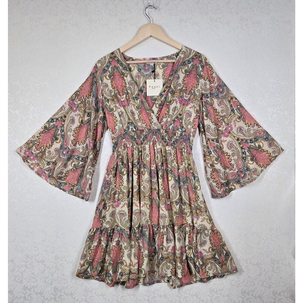 Paani Dress L Pink Paisley Smocked Bell Sleeve Boho Glam Ruffle - Picture 13 of 13